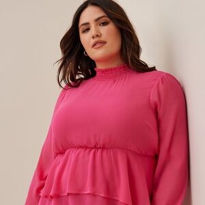 Crinkle Chiffon Smock Neck Ruffle Tiered Top